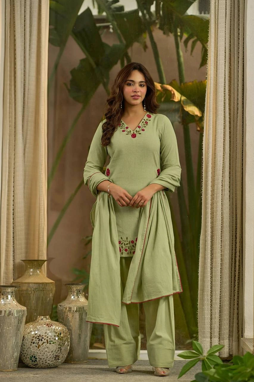 Pista Green Mul Chanderi Cotton Suit full length straight front pose – Kalyanja KU281