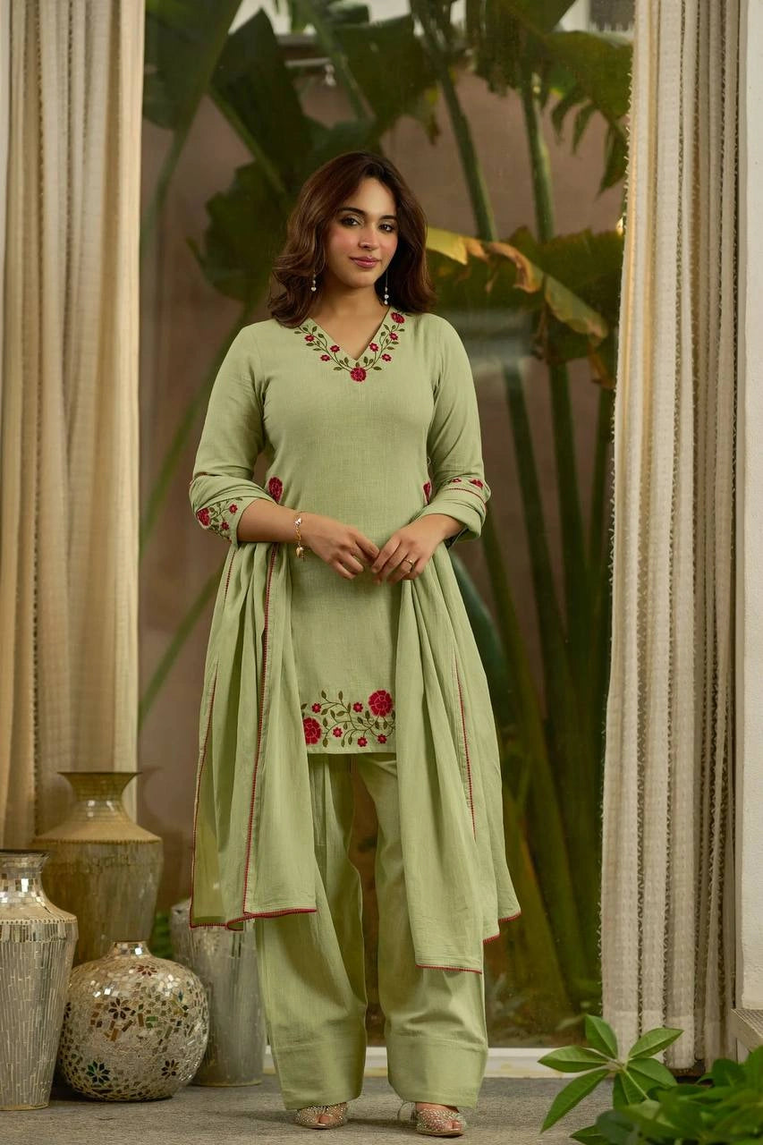 Pista Green Embroidered Suit full length dupatta on both arms – Kalyanja KU281