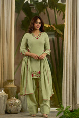 Pista Green Embroidered Suit full length dupatta on both arms – Kalyanja KU281