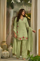 Pista Green Multi Needle Work Suit full length second model pose – Kalyanja KU281