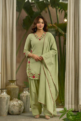 Pista Green Embroidered Suit full length dupatta draped one side – Kalyanja KU281