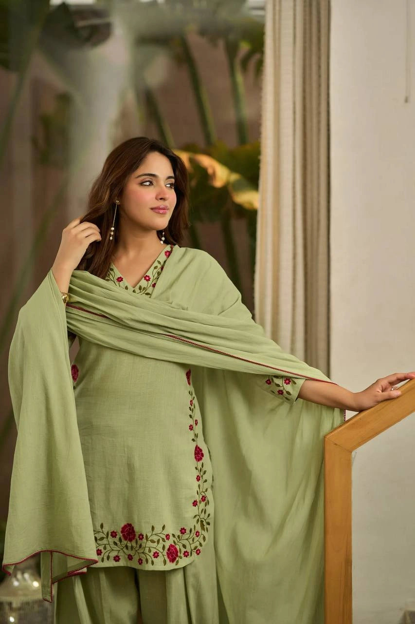 Pista Green Embroidered Suit upper body three quarter dupatta drape – Kalyanja KU281