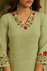 Pista Green V-Neck Multi Needle Work rose floral embroidery close-up detail – Kalyanja KU281