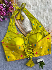 Pista Green Handwork Mirror Work Blouse front view – V-neck cowrie shells mirrors KB43 Kalyanja
