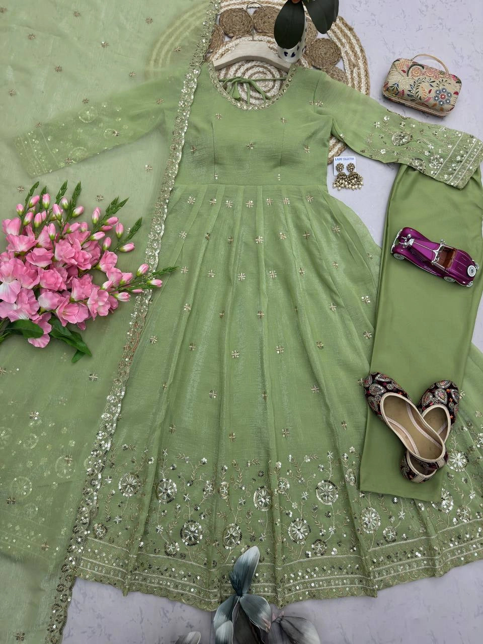 Pista Green Sequins Embroidered Suit Front View – Crunchy Silk Blend | Kalyanja KU309