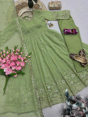 Pista Green Sequins Embroidered Suit Second Pose with Dupatta