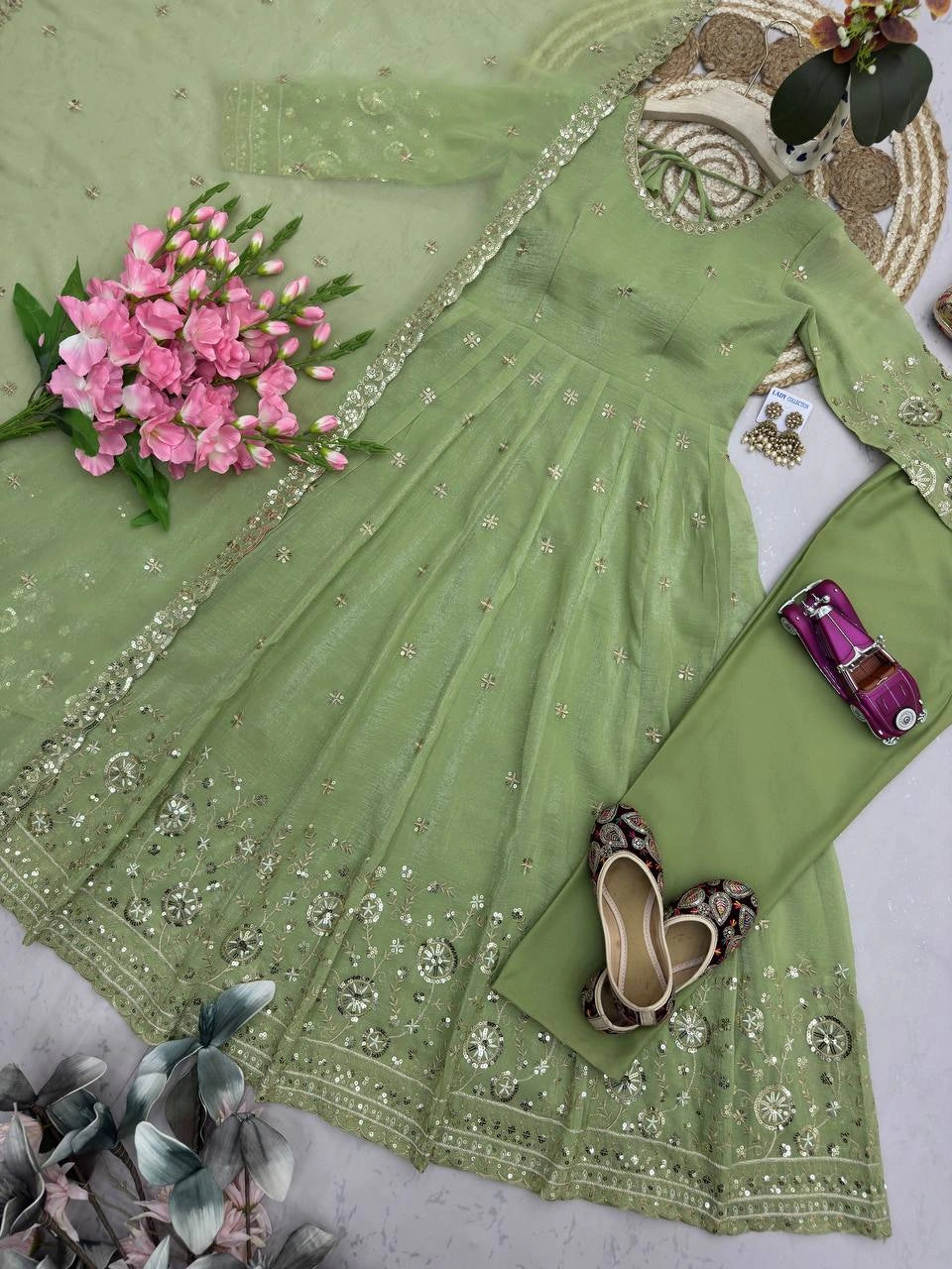 Pista Green Sequins Embroidered Suit Side View