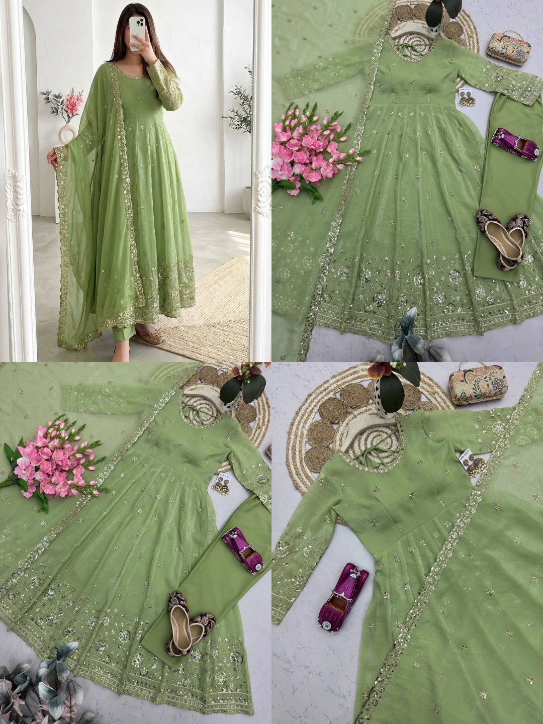 Pista Green Sequins Embroidered Suit Flat Lay – Complete Set View