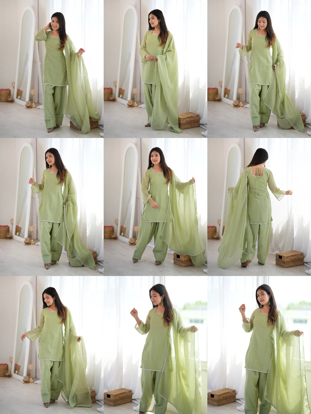 Pista green Swarovski diamond work suit - multiple poses