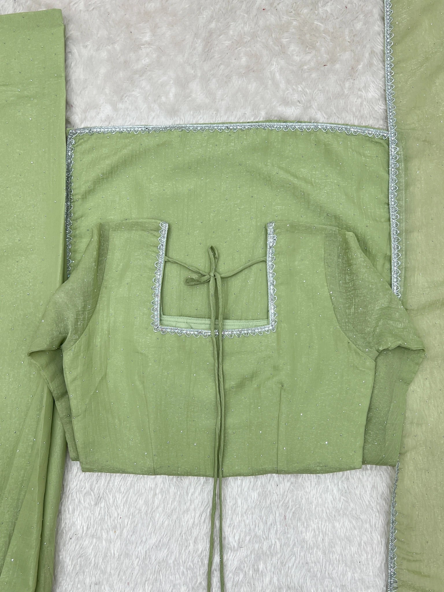 Pista green suit flat lay - back neck and shalwar