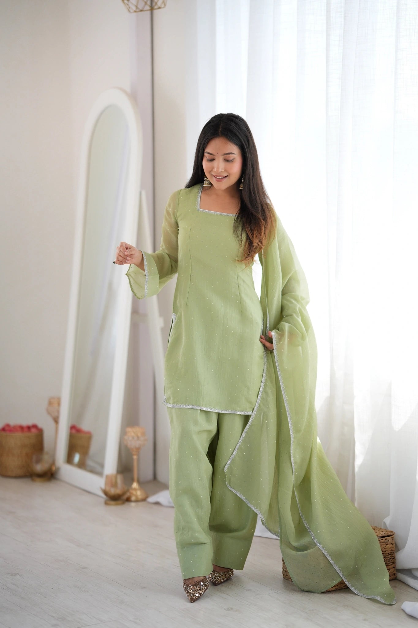 Pista green farshi shalwar suit - styled with dupatta