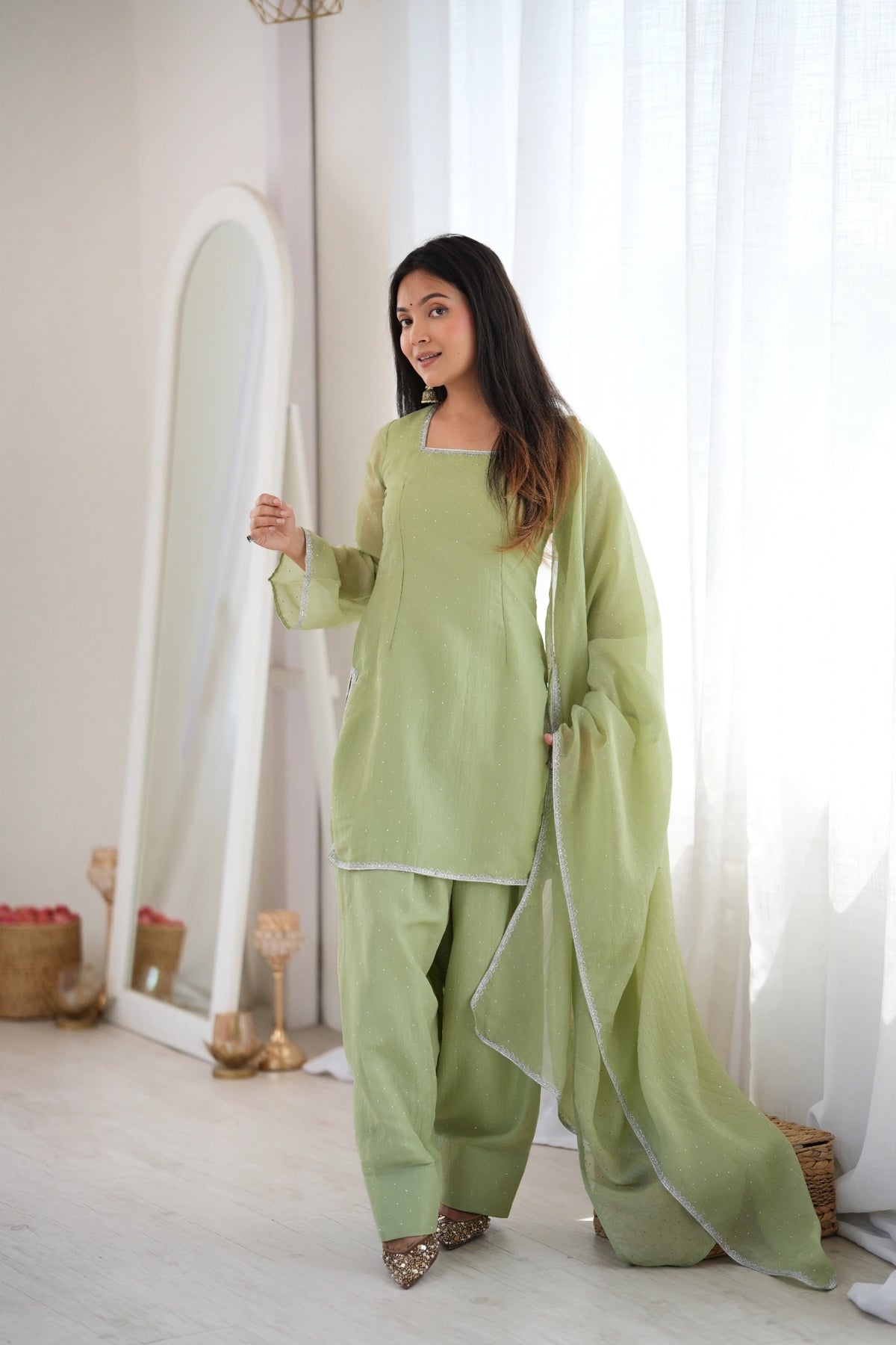 Pista green Swarovski diamond work suit - front pose