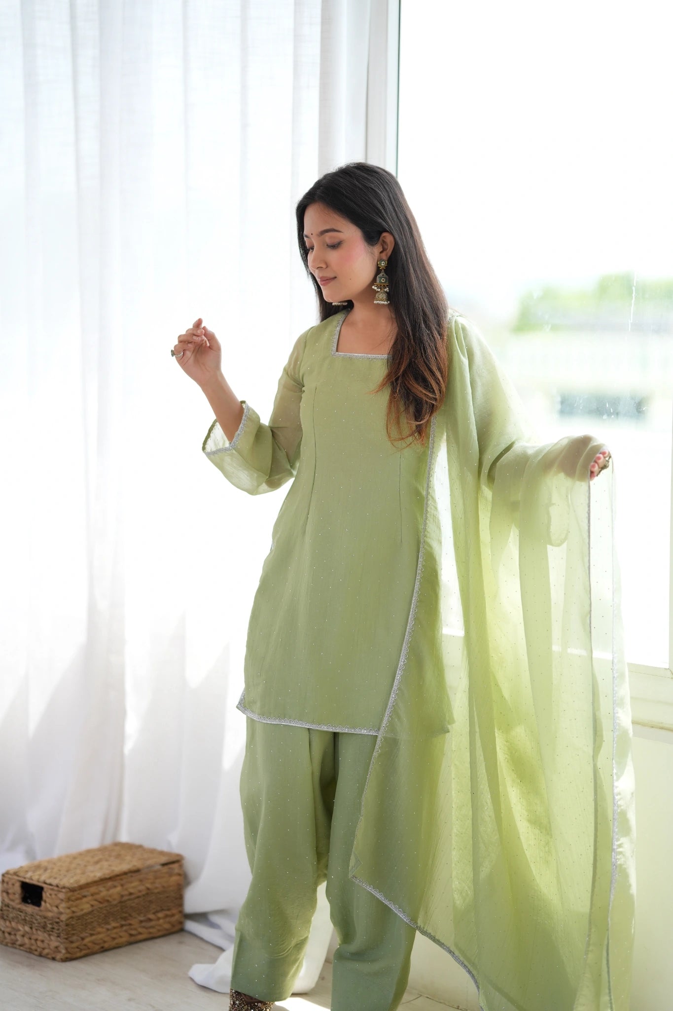 Pista green suit - dupatta flowing