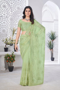 Pista Green Thread Embroidered Saree – Tissue Net, Party Wear