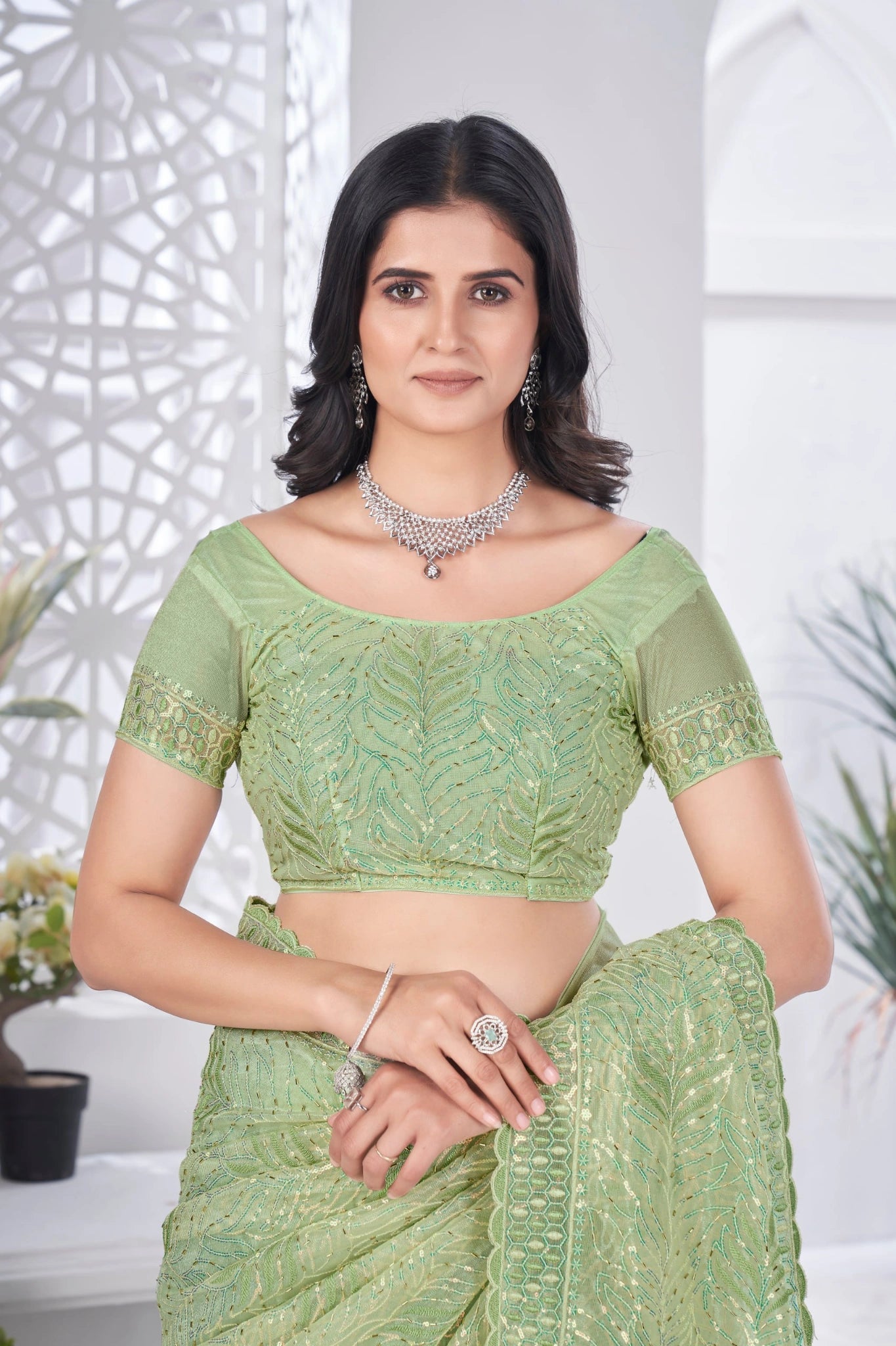 Pista Green Thread Embroidered Saree Side View | Tissue Net | KS389 | Kalyanja