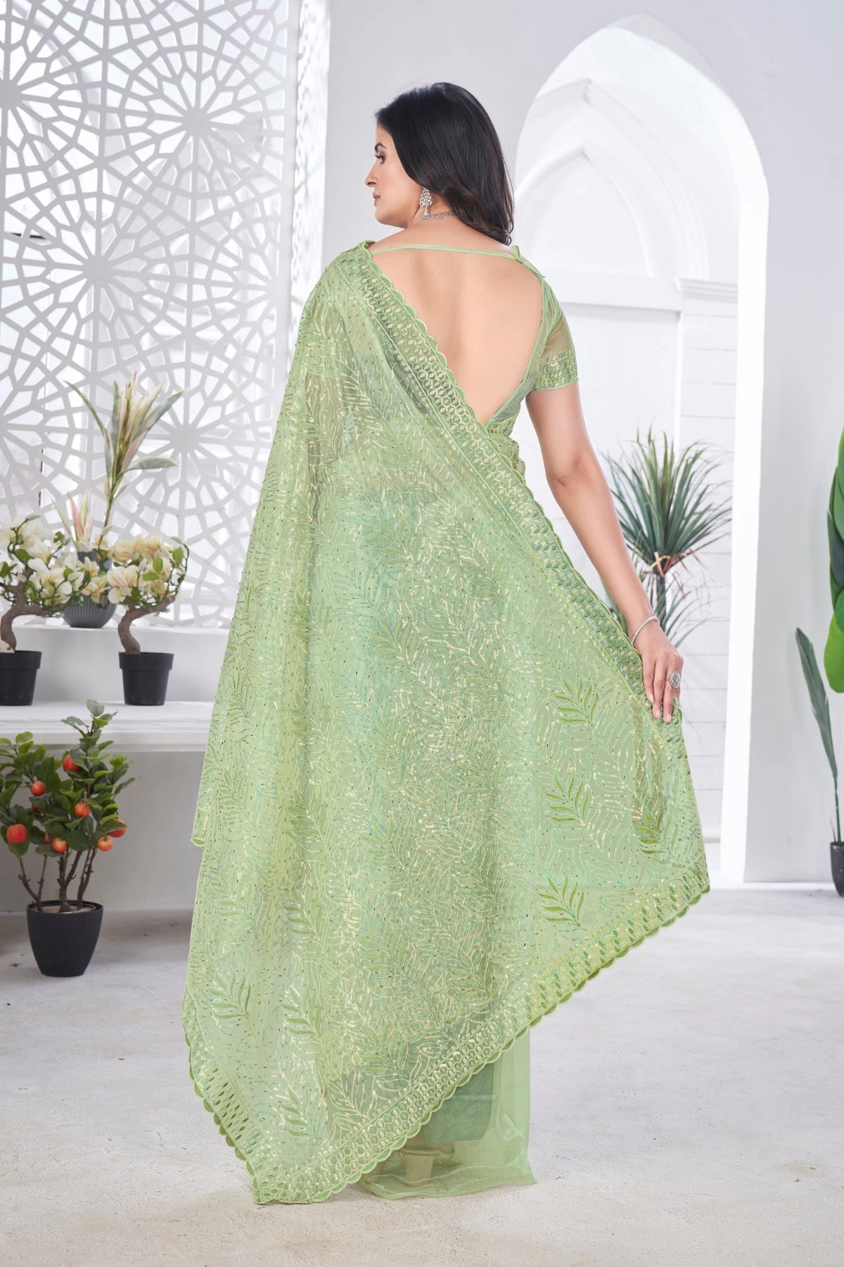 Pista Green Thread Embroidered Saree Back View | Tissue Net | KS389 | Kalyanja