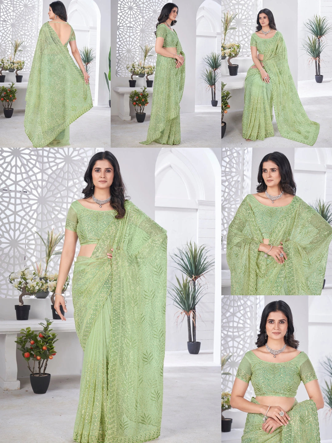 Pista Green Thread Embroidered Saree Collage | Tissue Net | KS389 | Kalyanja