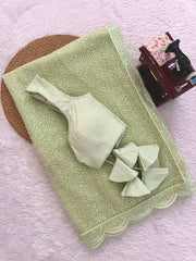 Pista soft net saree with blouse piece – flat lay