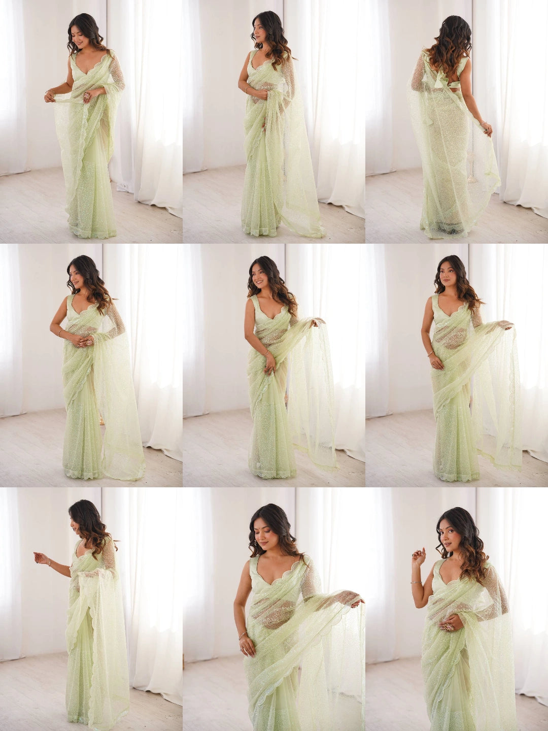 Pista sequins embroidered thread work saree – all views collage