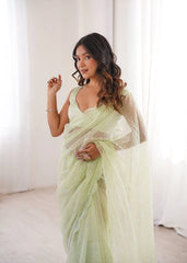 Pista sequins saree pallu drape on model