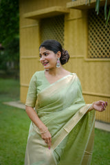 Woman in pista-colored zari work saree standing near a yellow wall with lattice windows and green lawn