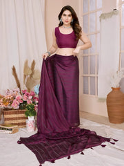 A woman models a chic, sheer Royal Purple Rimzim Silk Saree. The flowing fabric features prominent vertical stripes and scattered embellishments of fine metallic (silver) threadwork. She wears a matching sleeveless deep purple blouse and accessorizes with chunky oxidized silver jewelry, including a necklace and large earrings.