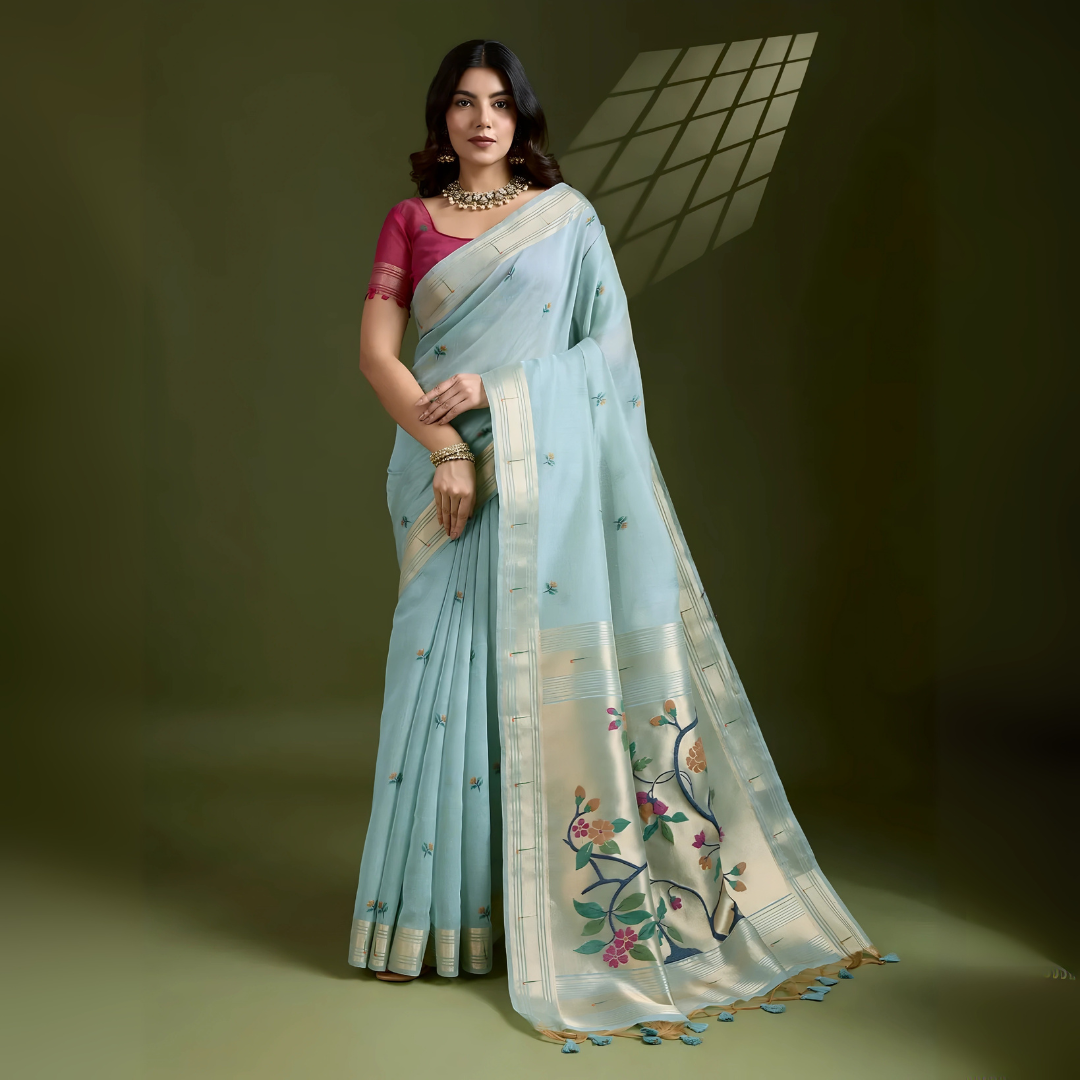 Blue Resham & Zari Weaving Soft Muga Cotton Saree