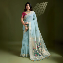 Blue Resham & Zari Weaving Soft Muga Cotton Saree