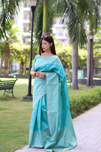 Powder Blue Traditional Weaving Banglori Raw Silk Saree