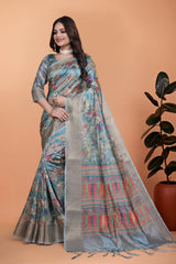 Powder Blue Zari Weaving Saree full front drape – Premium Crystal | Kalyanja KS363