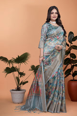 Powder Blue Zari Weaving Saree full drape showing zari border – Kalyanja KS363