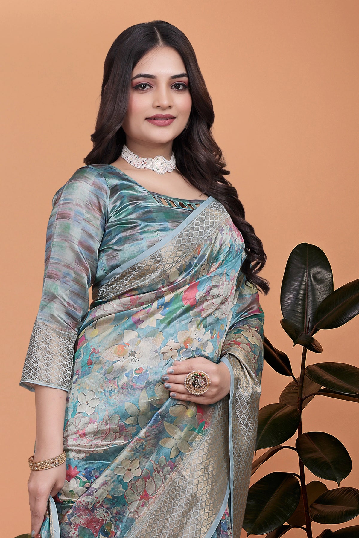 Powder Blue Zari Weaving Saree upper body close-up – Kalyanja KS363