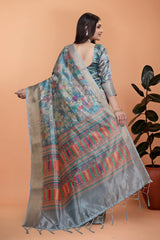 Powder Blue Zari Weaving Saree back view showing floral printed pallu – Kalyanja KS363