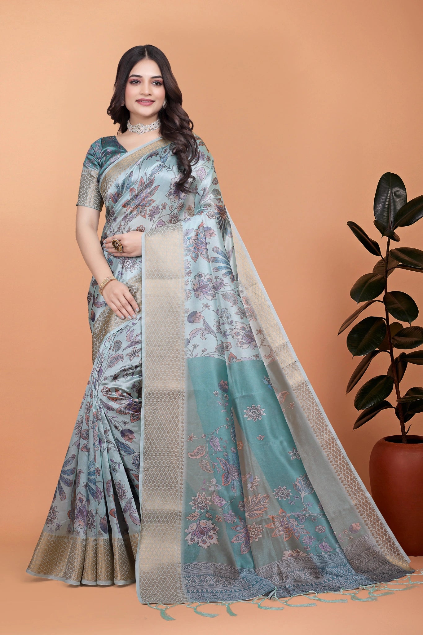 Powder Blue Zari Weaving Saree Front Drape View Kalyanja KS381