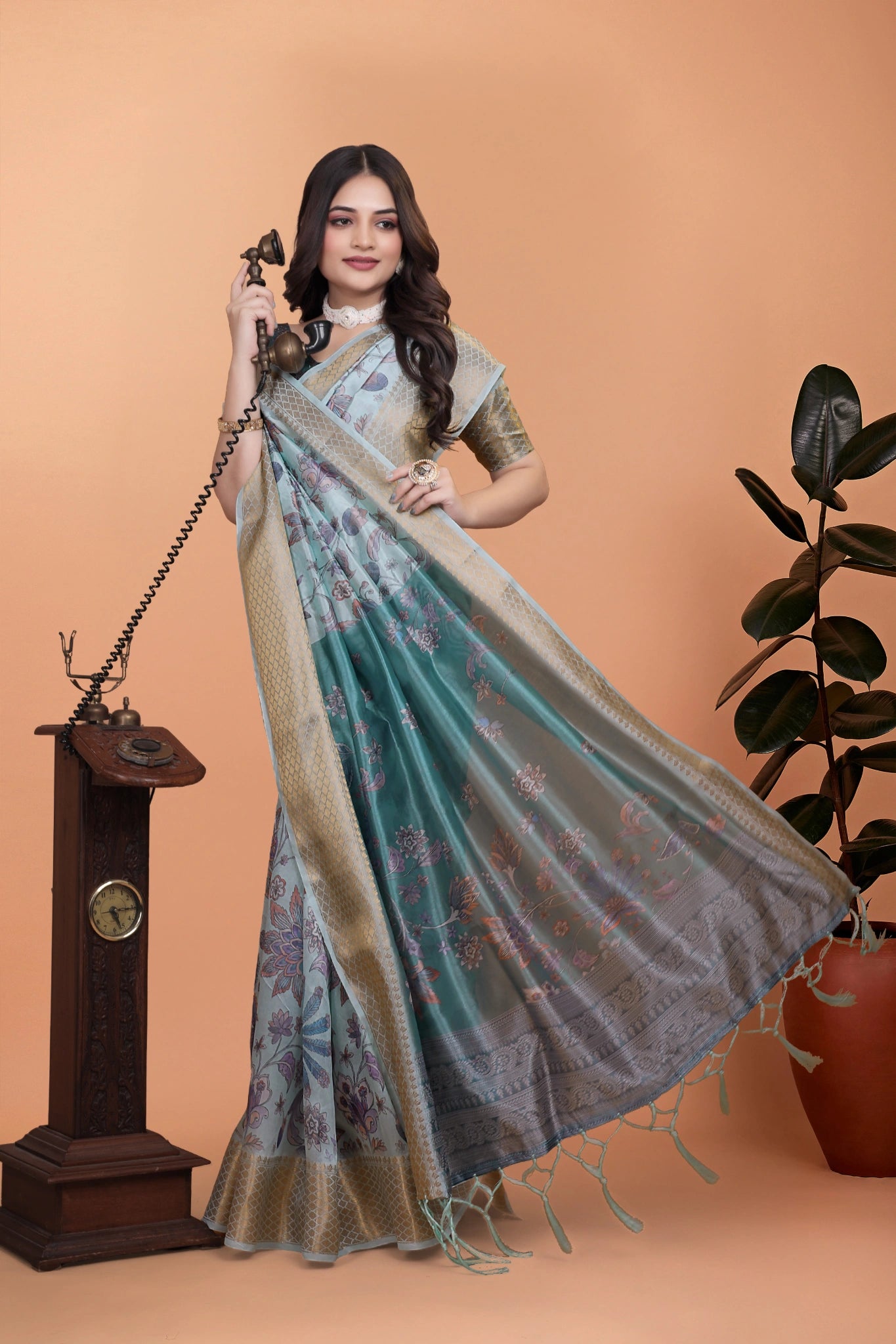 Powder Blue Premium Crystal Saree with Contrast Teal Pallu Kalyanja KS381