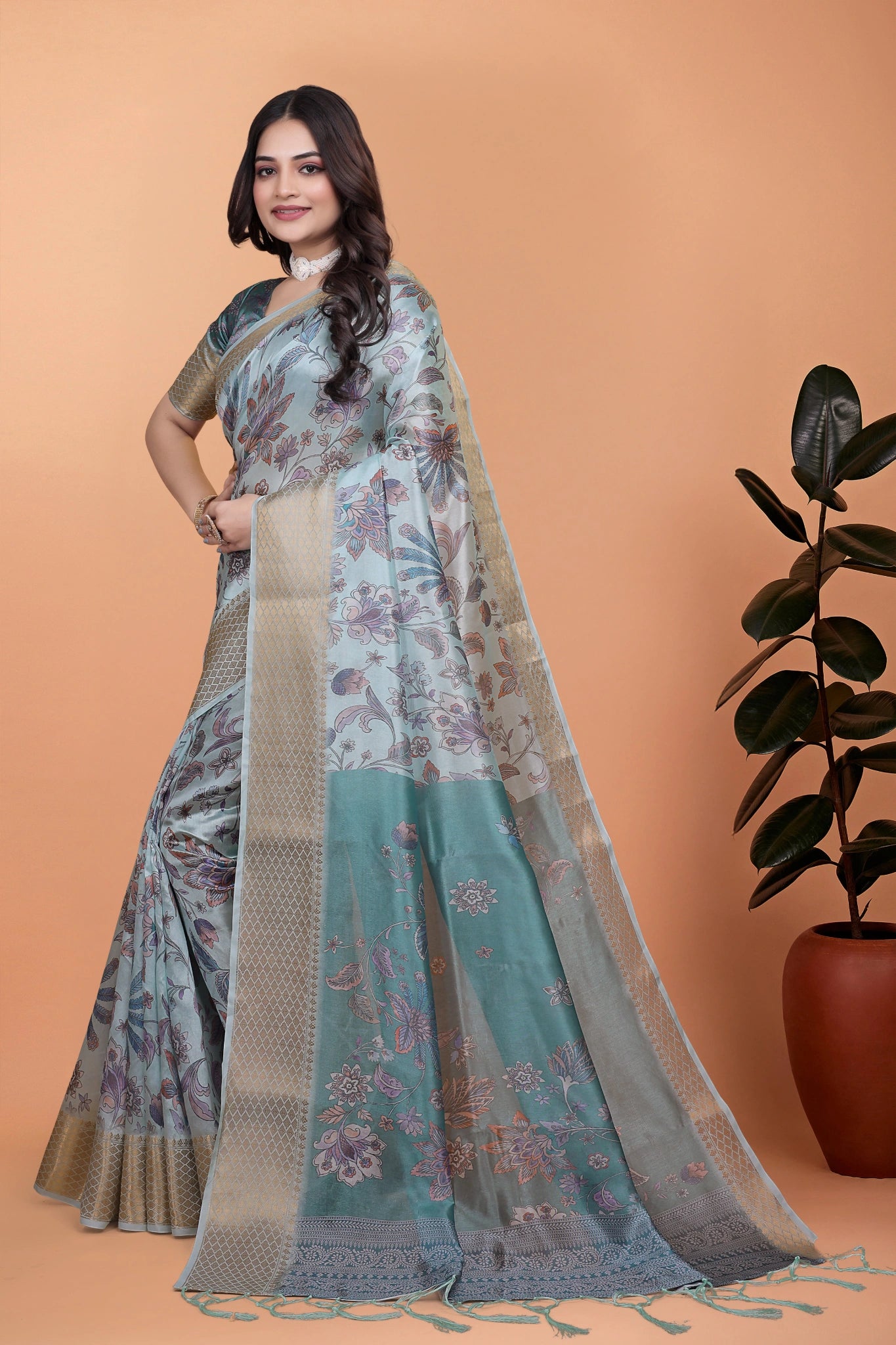Blue Zari Weaving Saree Full Front View with Plant Kalyanja KS381