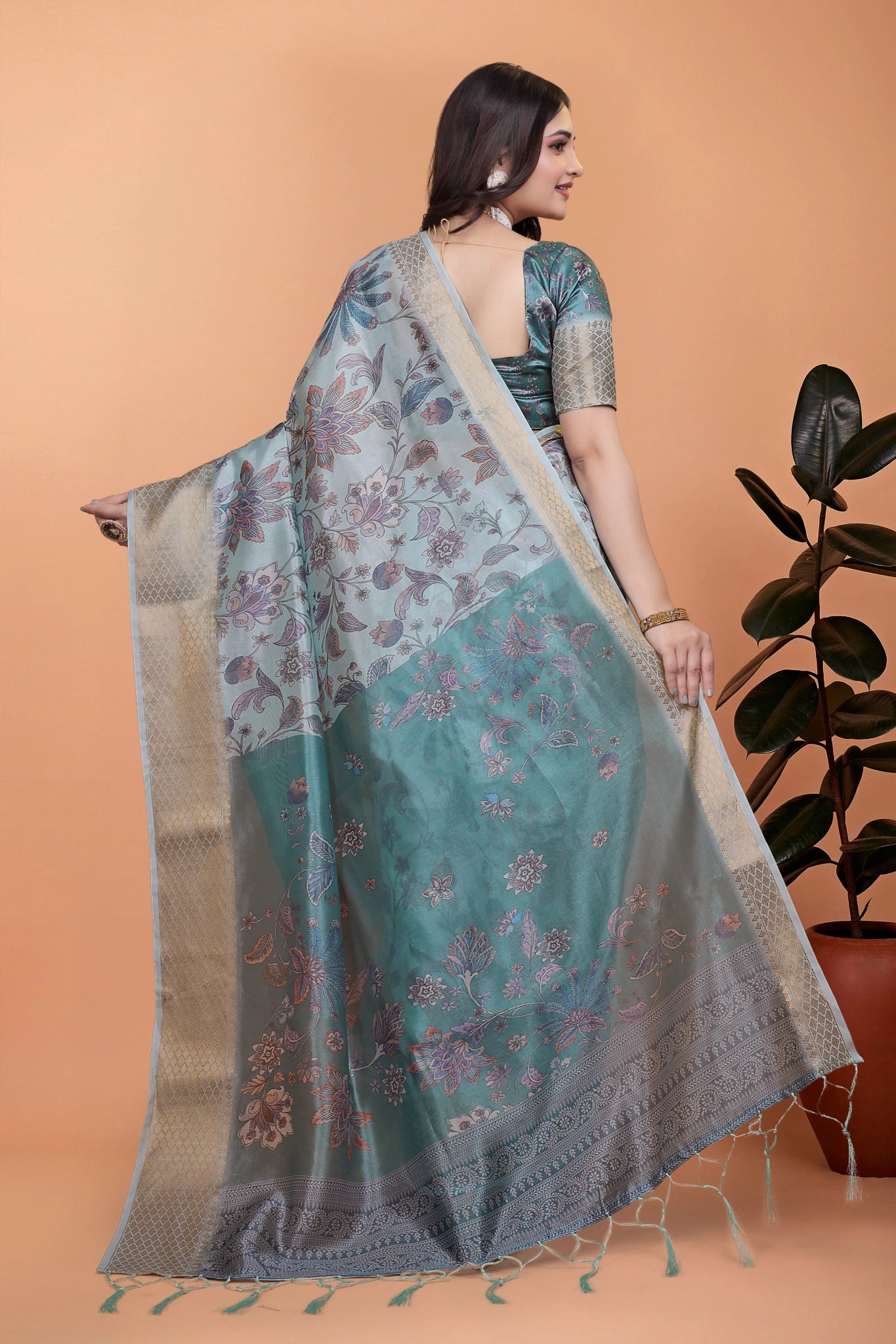 Powder Blue Crystal Saree Back View with Contrast Pallu Kalyanja KS381
