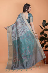 Powder Blue Crystal Saree Back View with Contrast Pallu Kalyanja KS381