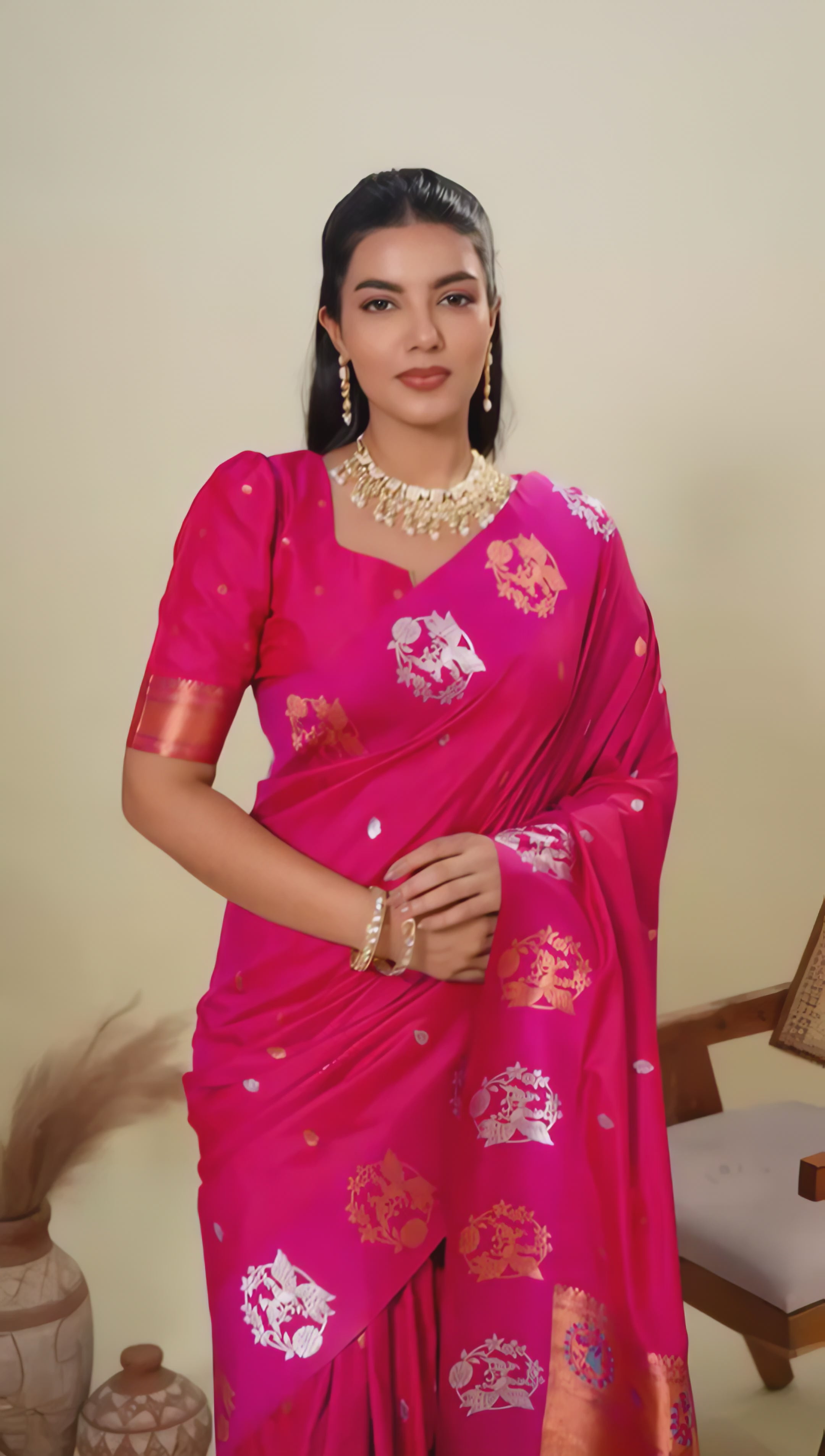 pink-banarasi-silk-saree-multicolor-motifs-modern
