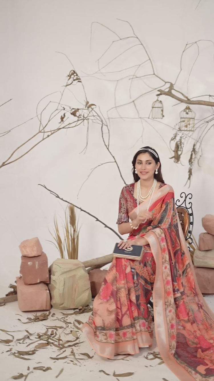 Red Digital Floral Print Linen Cotton Saree – Kalyanja
