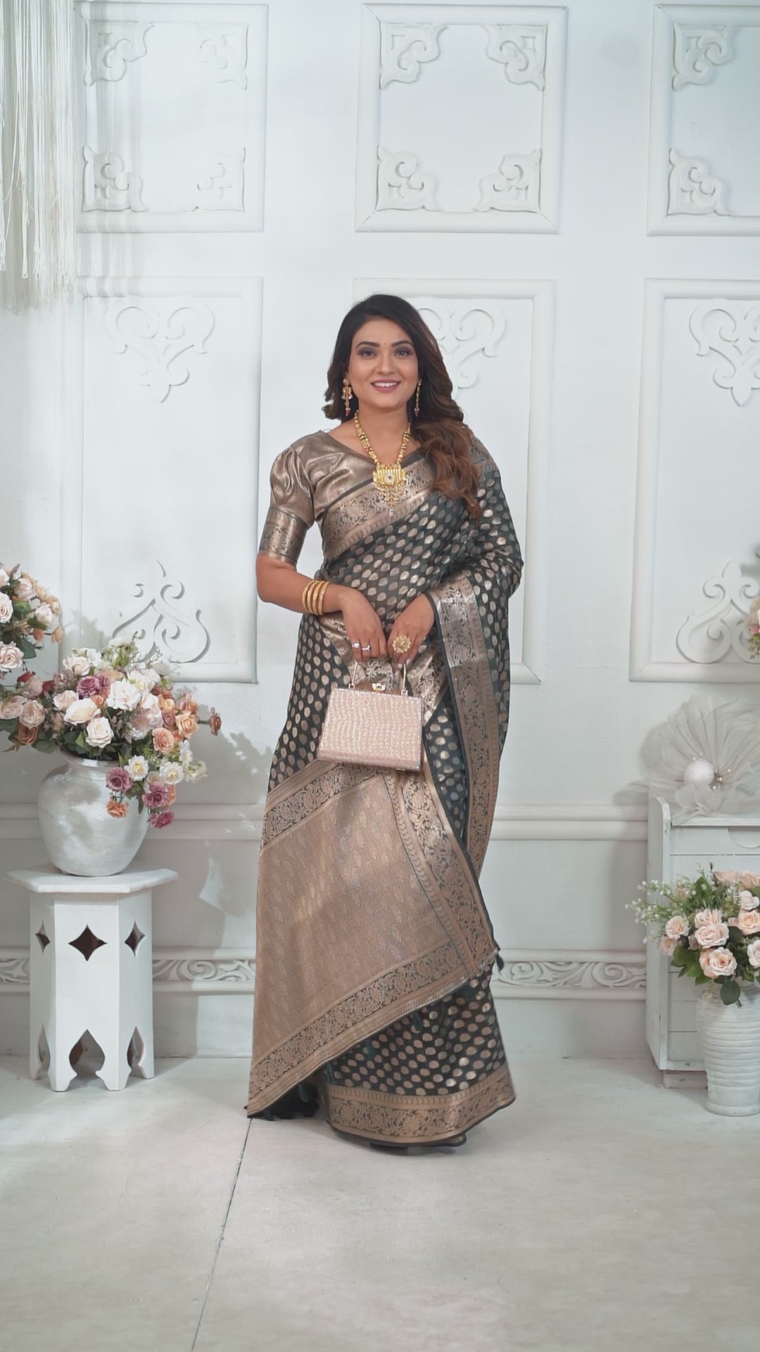 Dark Green Gold Zari Weaving Soft Organza Banarasi Silk Saree