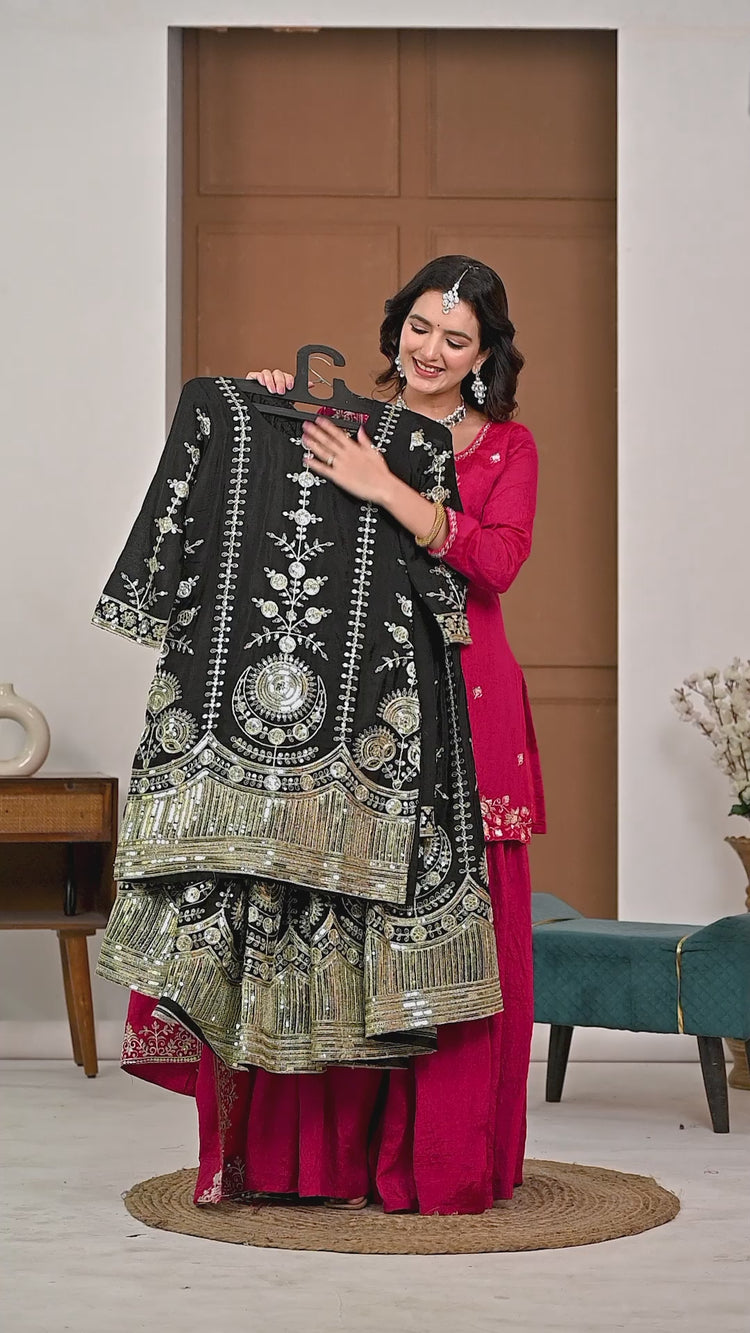Black Sequins Embroidered Vichitra Silk Suit