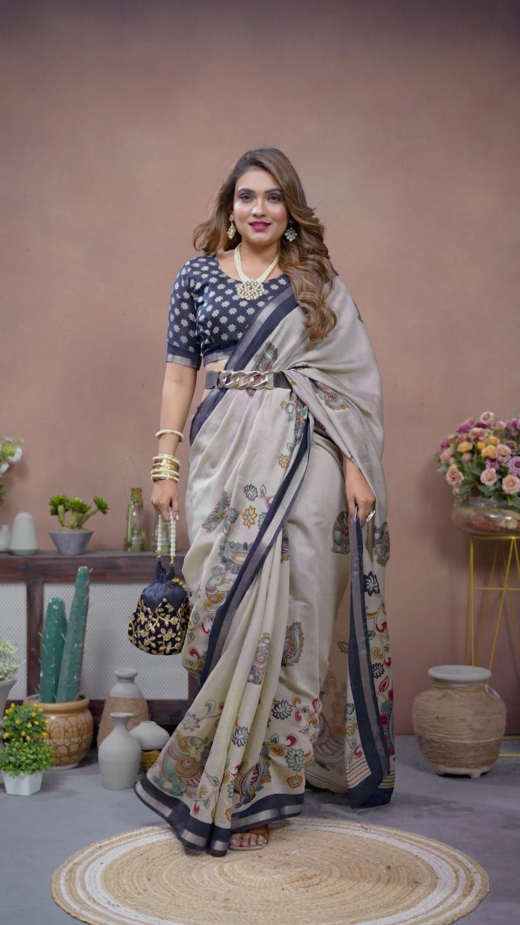 Navy Blue & Beige Kalamkari Print Mul Cotton