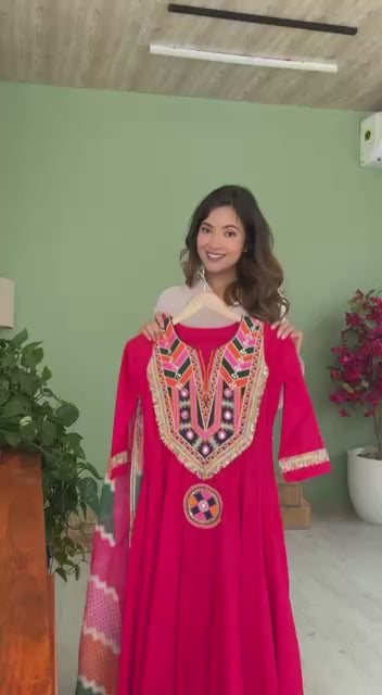 Dark Pink Embroidery Sequins & Mirror Work Khadi Cotton Suit