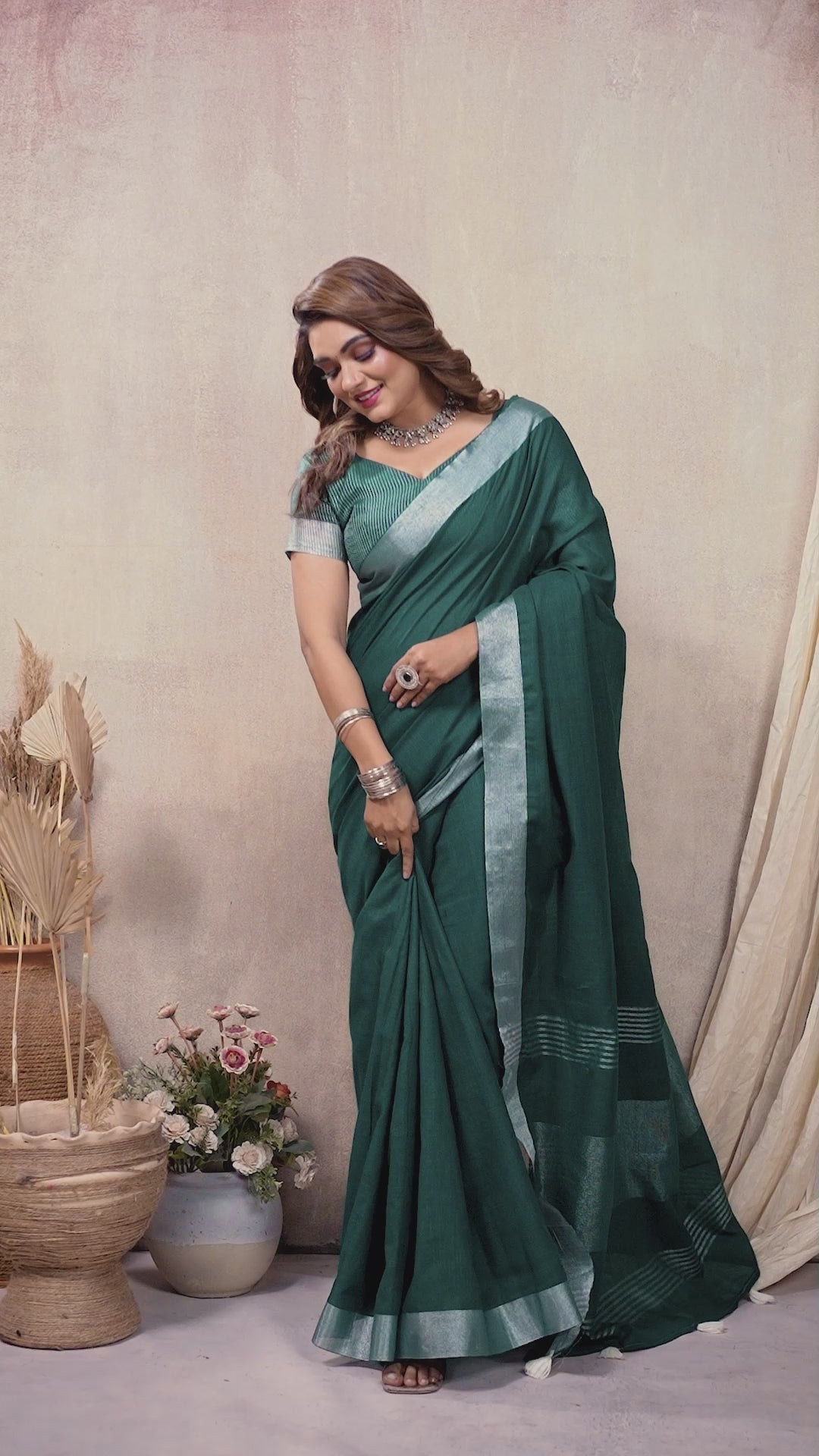 Dark Green Zari Border Soft Linen Cotton Saree