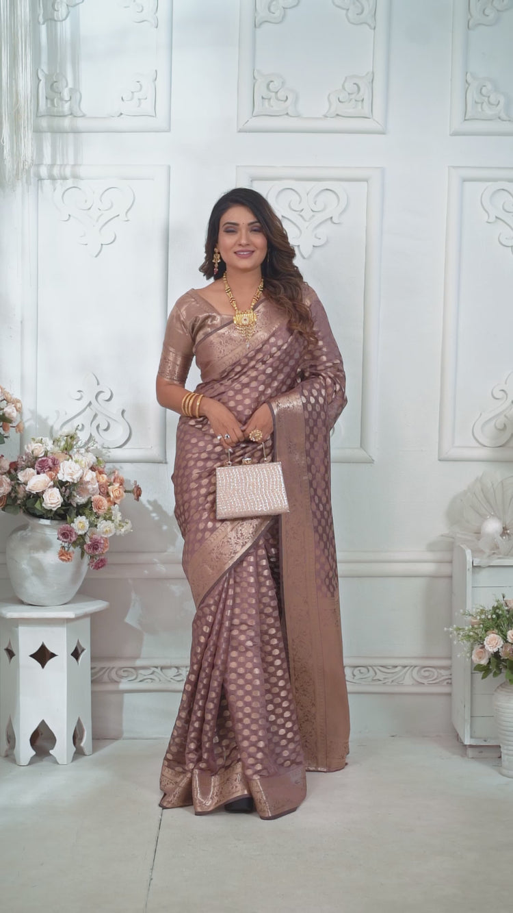  Copper Gold Zari Weaving Soft Organza Banarasi Silk Saree - kalyanja