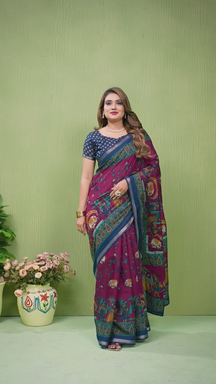 Magenta Mul Cotton Kalamkari Print Saree – Kalyanja
