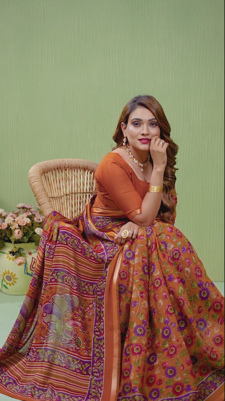 Orange Kalamkari Print Mul Cotton Saree – Kalyanja
