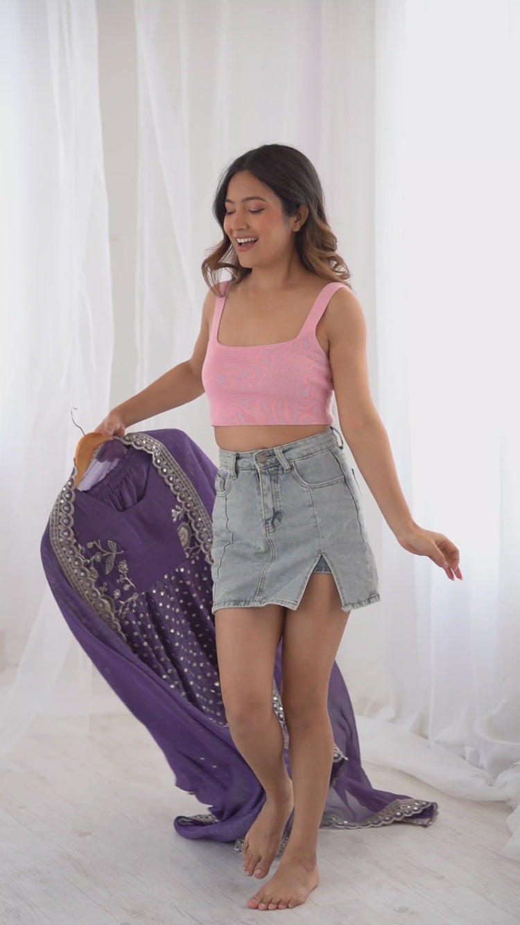 Lavender Embroidery Sequin Work Crunchy Silk Suit