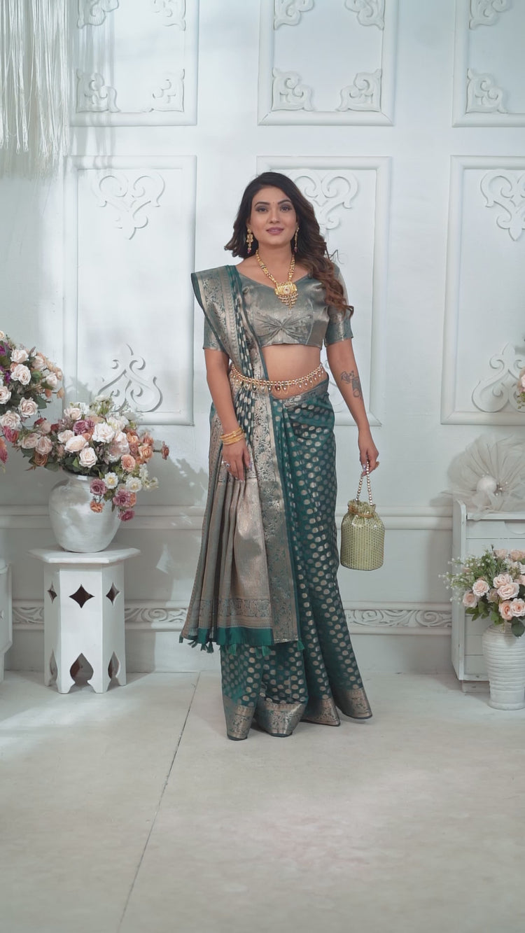 Green Gold Zari Weaving Soft Organza Banarasi Silk Saree - kalyanja